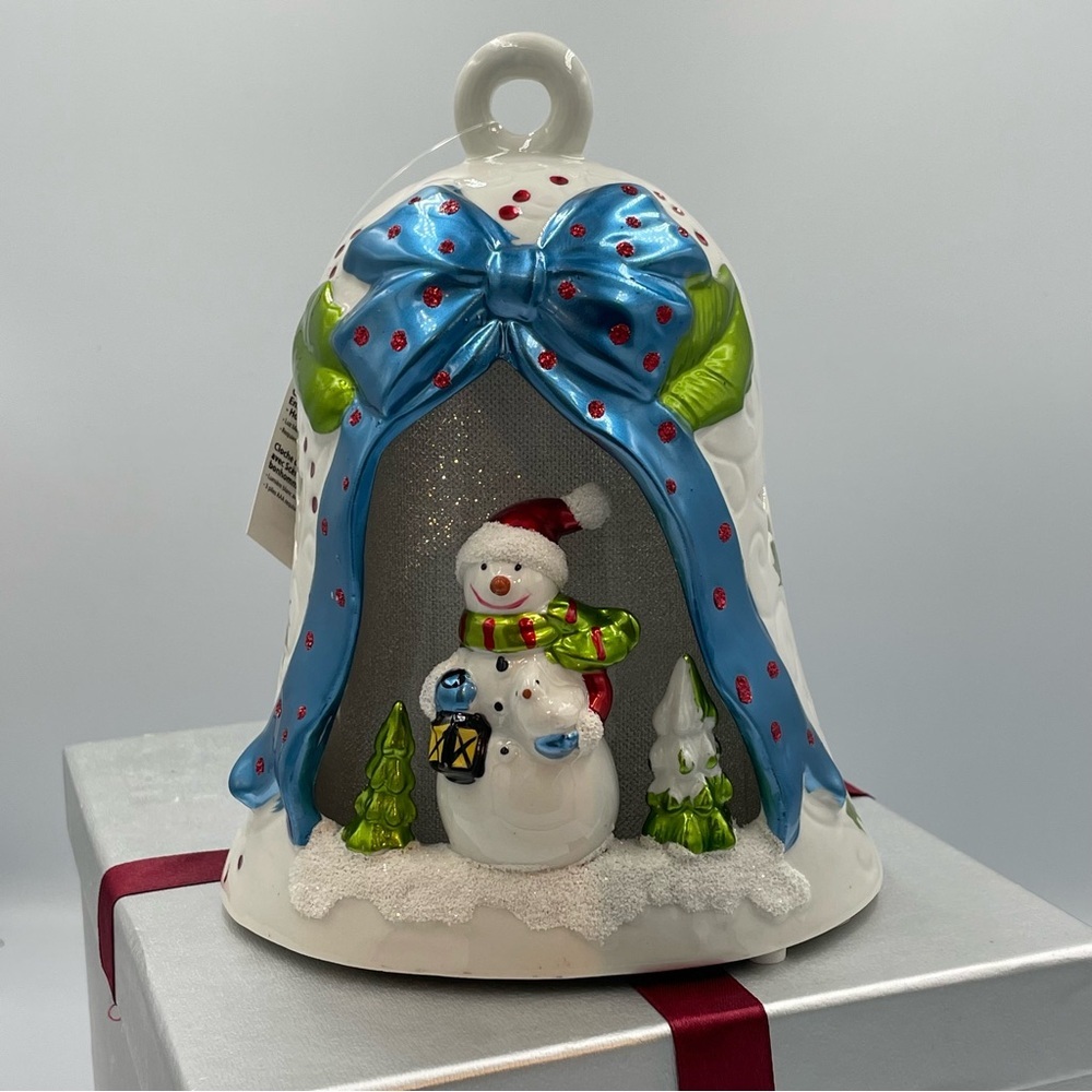 Festive Snowman Bell Ornament with Blue and Green Accents. Lights up. Holidays.